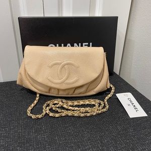 NEW Chanel Half Moon Beige Caviar Leather Wallet on Chain WOC Crossbody Bag